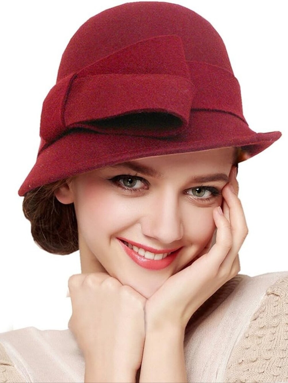 New With Tags Bellady 100% Wool  Dark Red Felt Bow Cloche Hat Adjustable